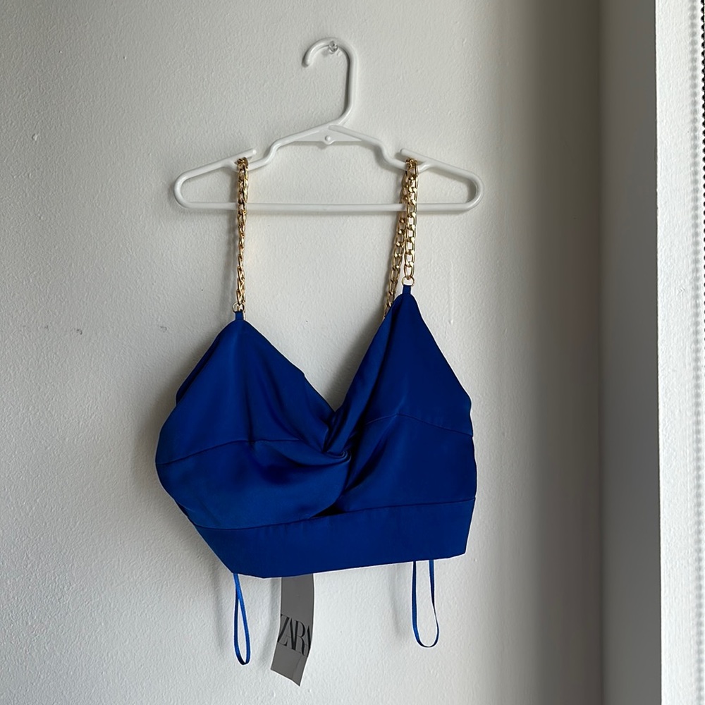 ZARA blue top with gold chain straps size S